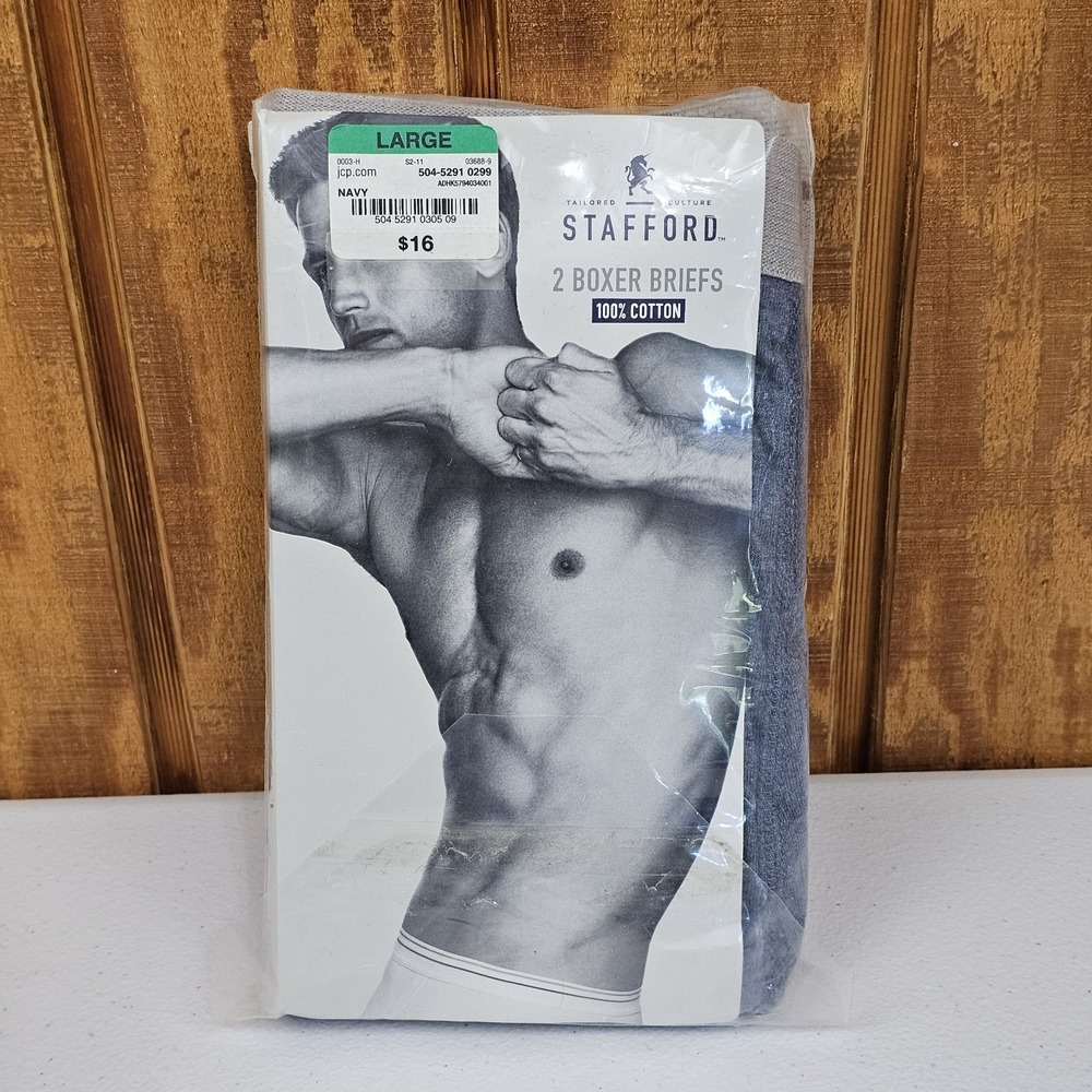 Stafford Men's Boxer Briefs Size Large 2 Pack Navy Blue 100% Cotton